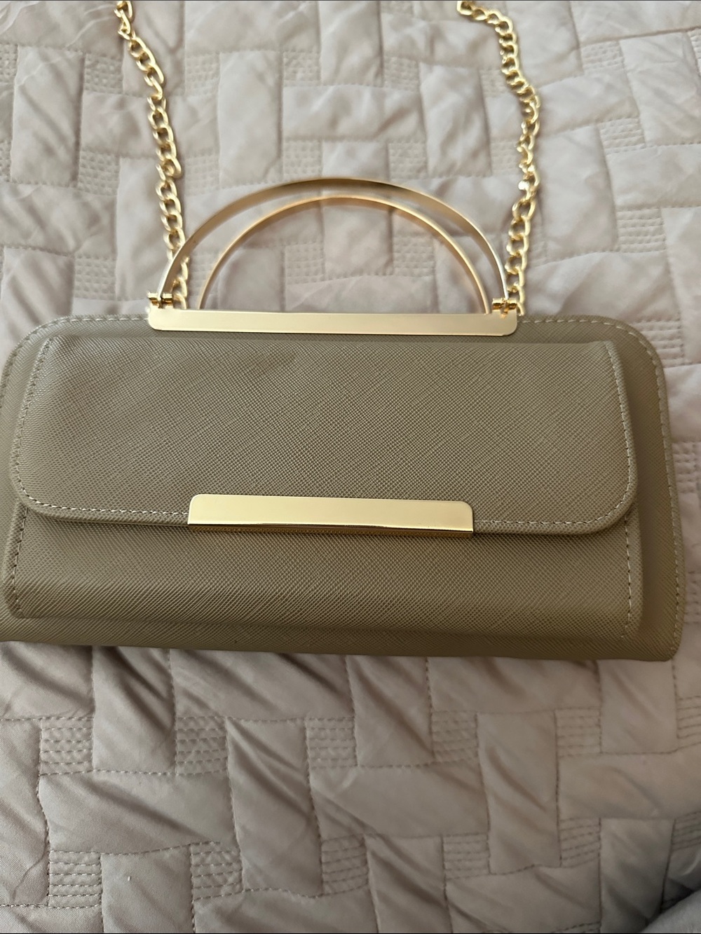Faux Leather Top Handle Crossbody Clutch Taupe Gold Chain Structured Mini Bag